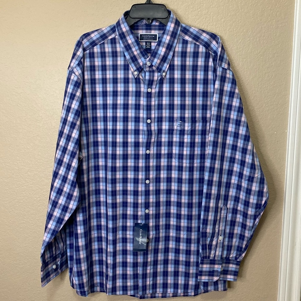 Men’s Club Room Regular Fit Performance Button Down Shirt NWT 100% Cotton Navy